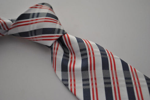 red, navy and white check tie
